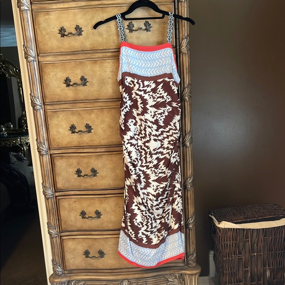 Nicole Miller Abstract Brown and Blue Midi Dress